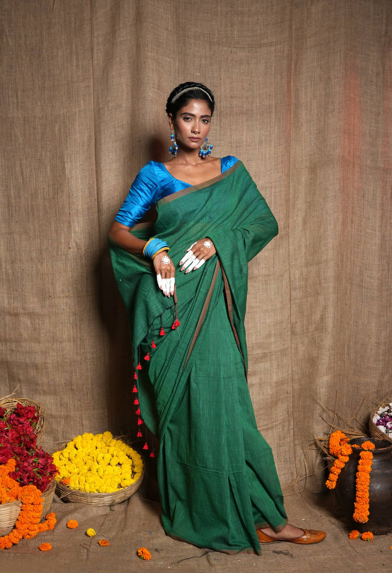 Green Pure Plain Cotton Linen Saree With Tassels-UNM72839