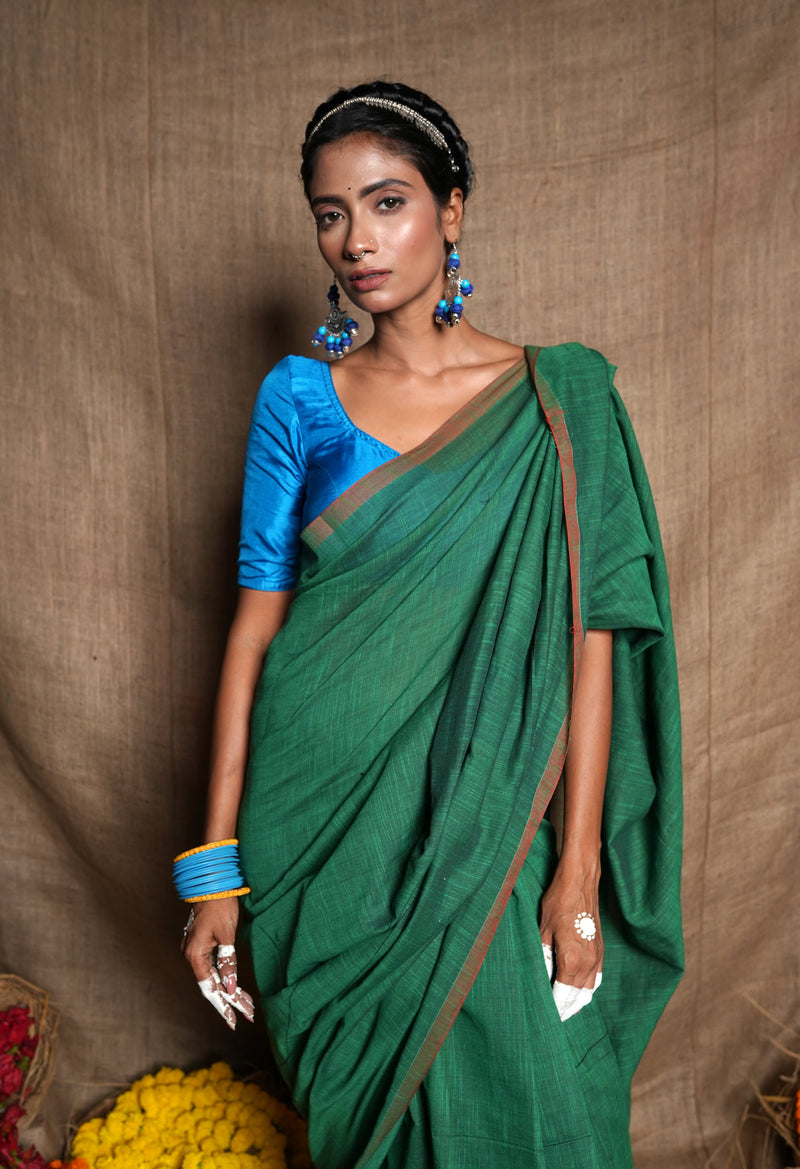 Green Pure Plain Cotton Linen Saree With Tassels-UNM72839
