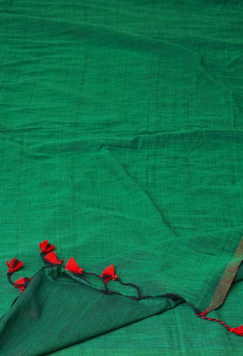 Green Pure Plain Cotton Linen Saree With Tassels-UNM72839