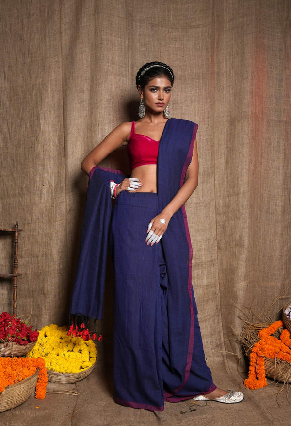Navy Blue Pure Plain Cotton Linen Saree With Tassels-UNM72840