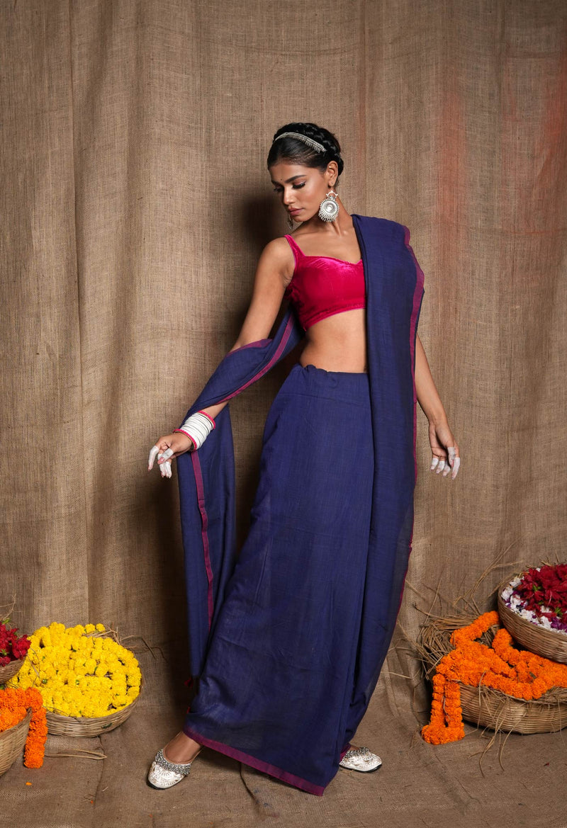 Navy Blue Pure Plain Cotton Linen Saree With Tassels-UNM72840