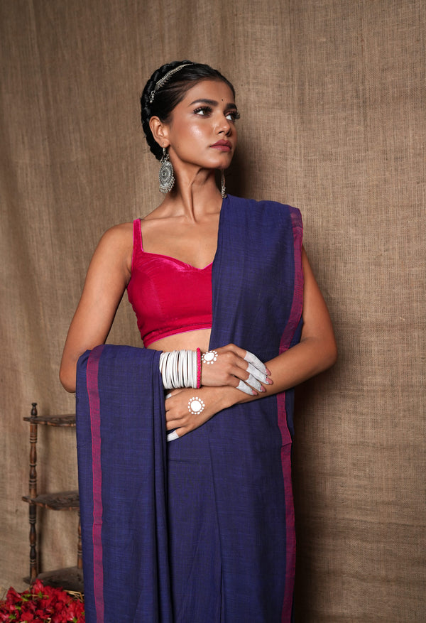 Navy Blue Pure Plain Cotton Linen Saree With Tassels-UNM72840