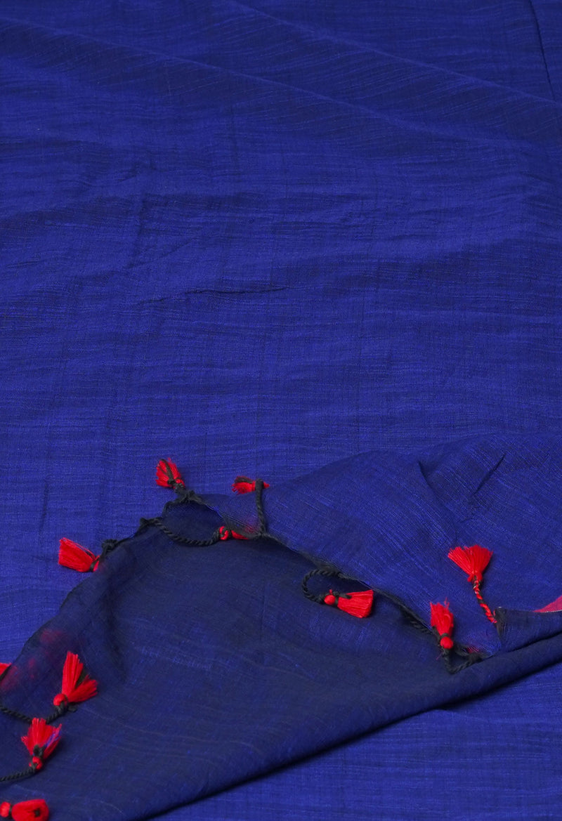 Navy Blue Pure Plain Cotton Linen Saree With Tassels-UNM72840
