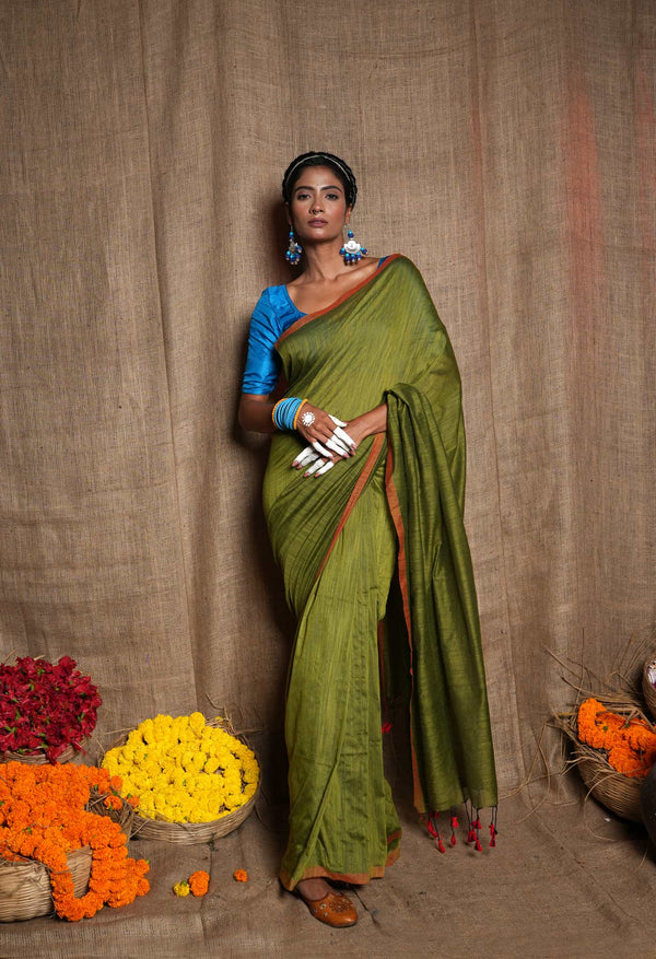 Mehndi Green Pure Plain Cotton Linen Saree With Tassels-UNM72841