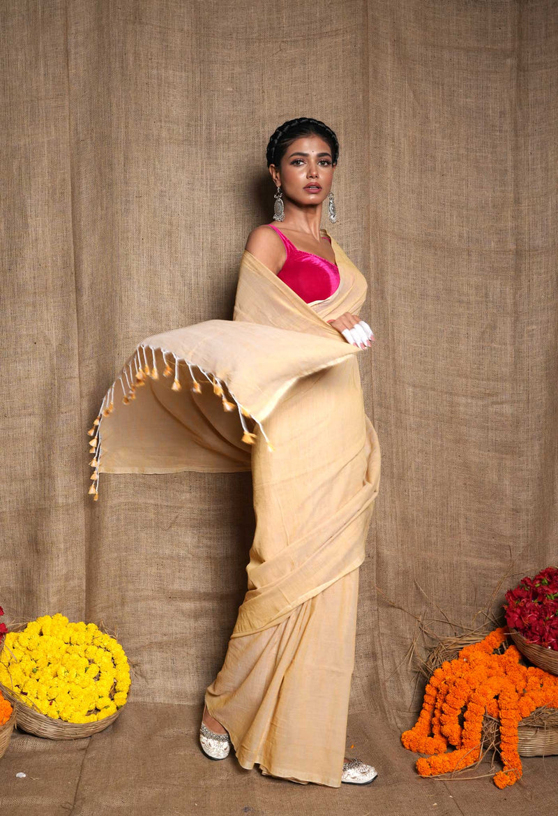 Cream Pure Plain Cotton Linen Saree With Tassels-UNM72842