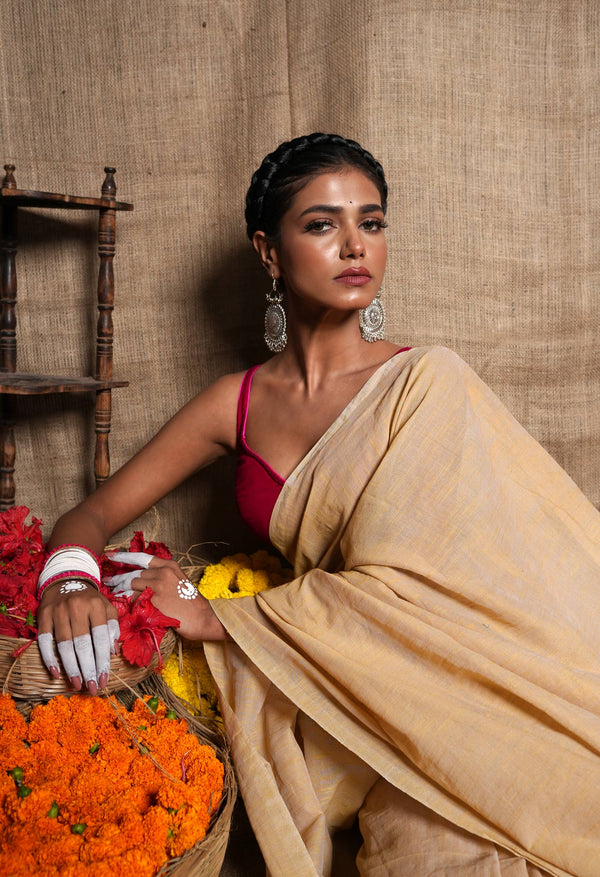 Cream Pure Plain Cotton Linen Saree With Tassels-UNM72842
