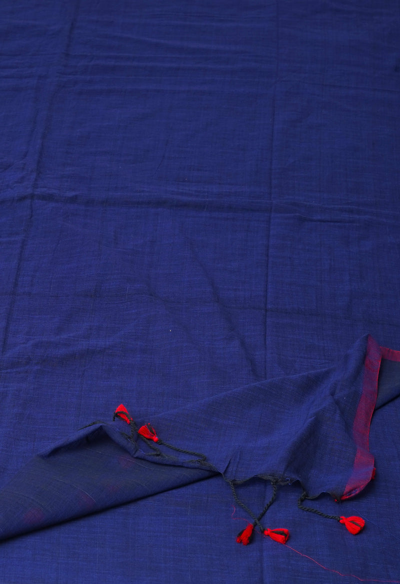 Navy Blue Pure Plain Cotton Linen Saree With Tassels-UNM72844