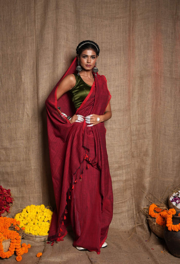 Maroon Pure Plain Cotton Linen Saree With Tassels-UNM72845