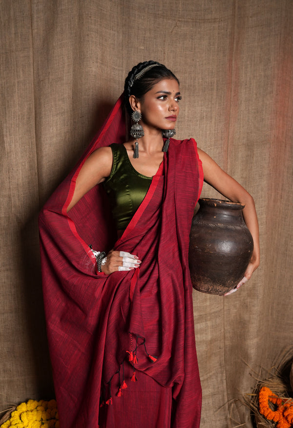 Maroon Pure Plain Cotton Linen Saree With Tassels-UNM72845