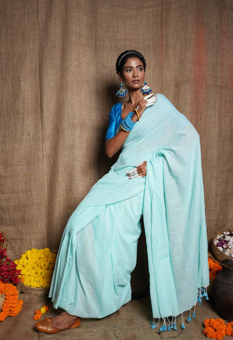 Pale Blue Pure Plain Cotton Linen Saree With Tassels-UNM72847
