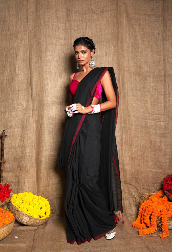 Black Pure Plain Cotton Linen Saree With Tassels-UNM72848