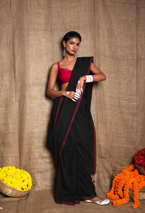 Black Pure Plain Cotton Linen Saree With Tassels-UNM72848