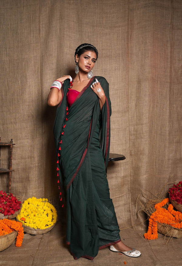 Dark Green Pure Plain Cotton Linen Saree With Tassels-UNM72849