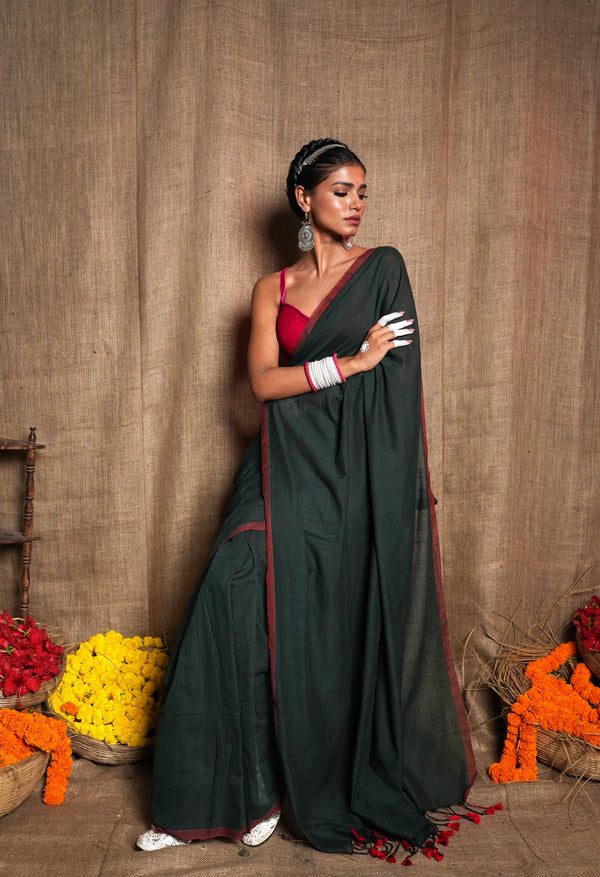 Dark Green Pure Plain Cotton Linen Saree With Tassels-UNM72849