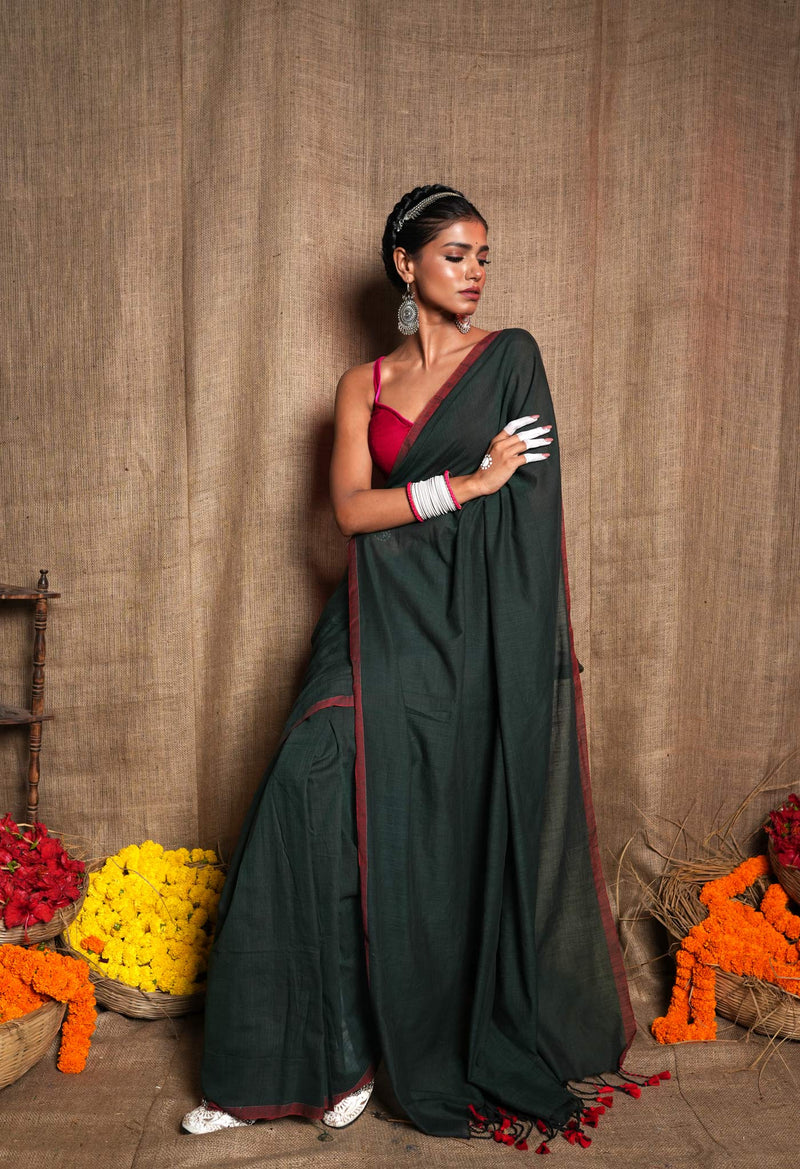 Dark Green Pure Plain Cotton Linen Saree With Tassels-UNM72849