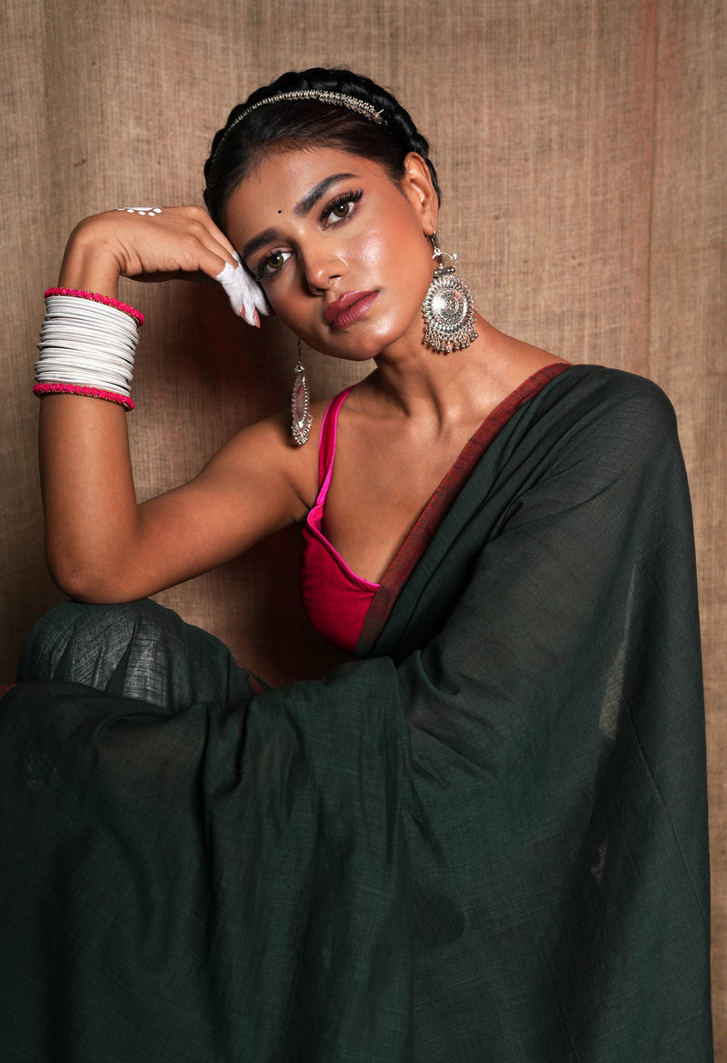 Dark Green Pure Plain Cotton Linen Saree With Tassels-UNM72849