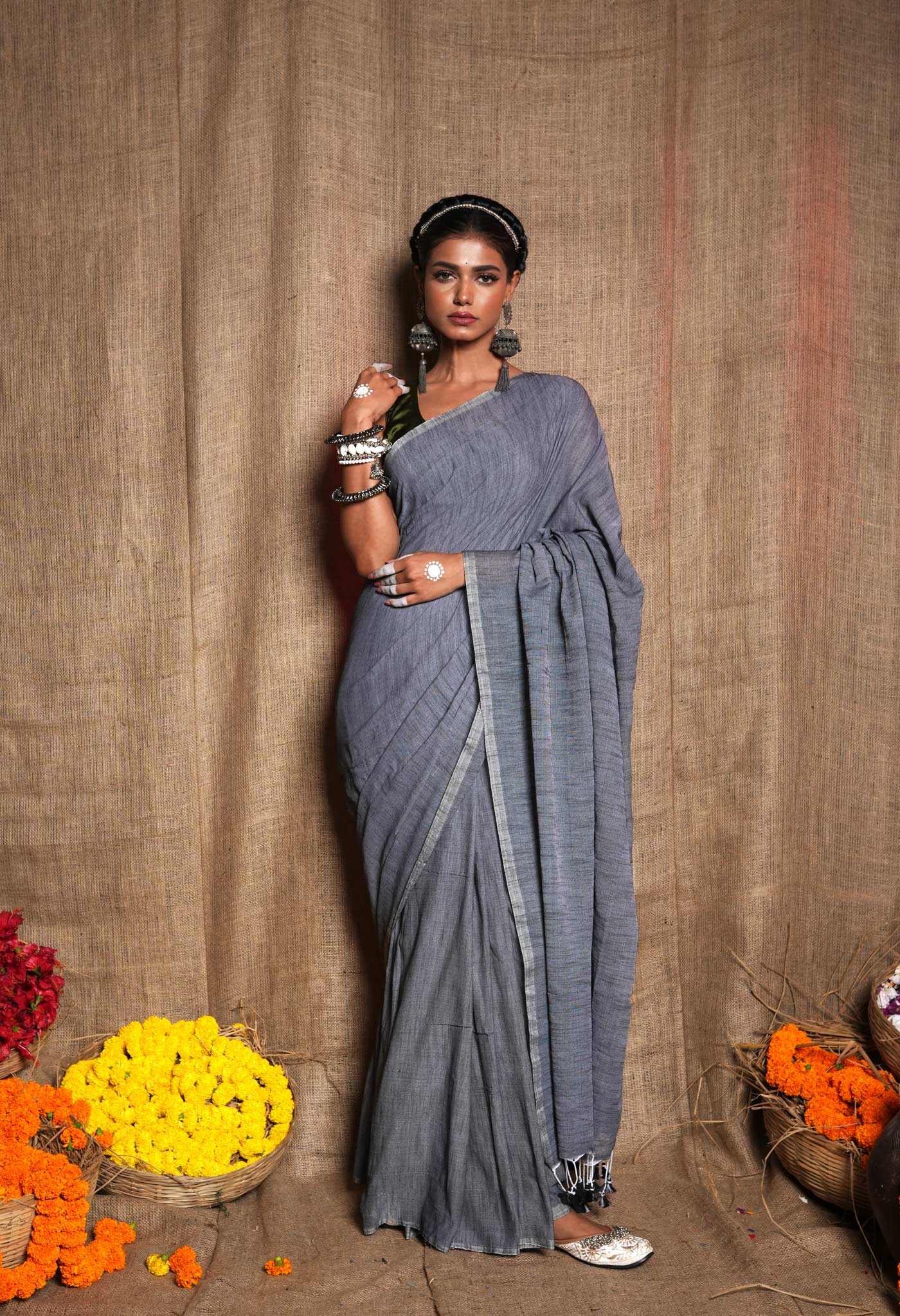 Grey Pure Plain Cotton Linen Saree With Tassels