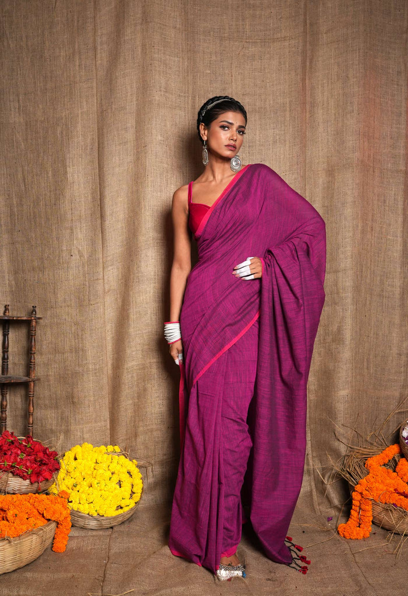 Purple Pure Plain Cotton Linen Saree With Tassels-UNM72851