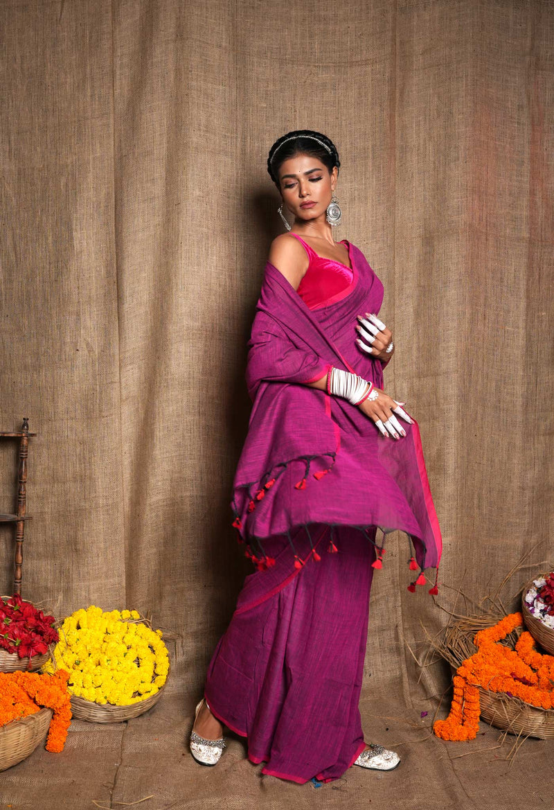 Purple Pure Plain Cotton Linen Saree With Tassels-UNM72851