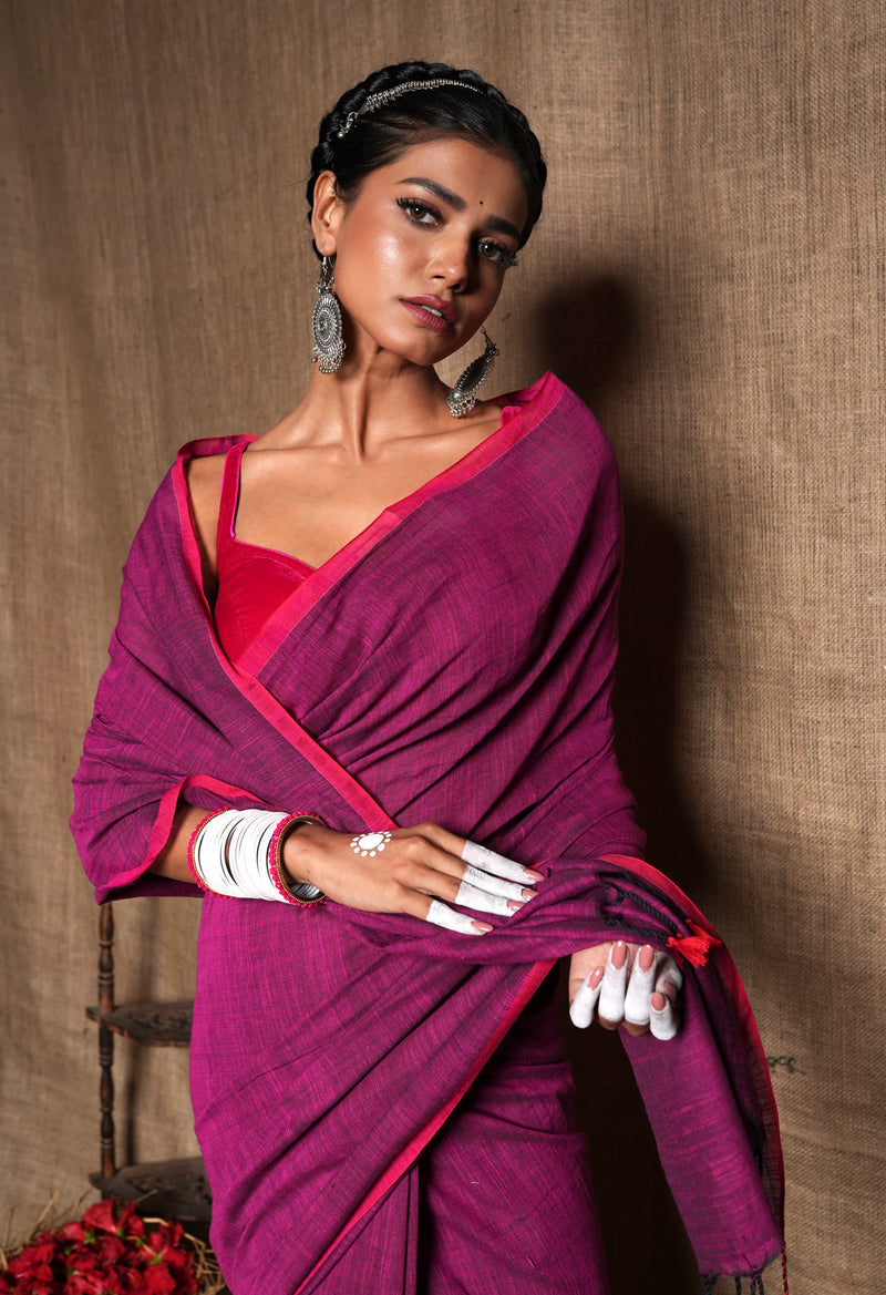 Purple Pure Plain Cotton Linen Saree With Tassels-UNM72851