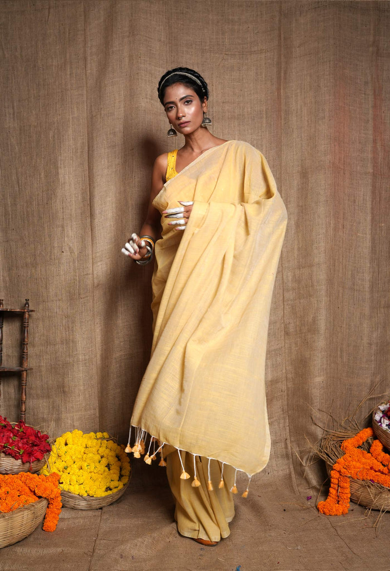 Cream Pure Plain Cotton Linen Saree With Tassels-UNM72852
