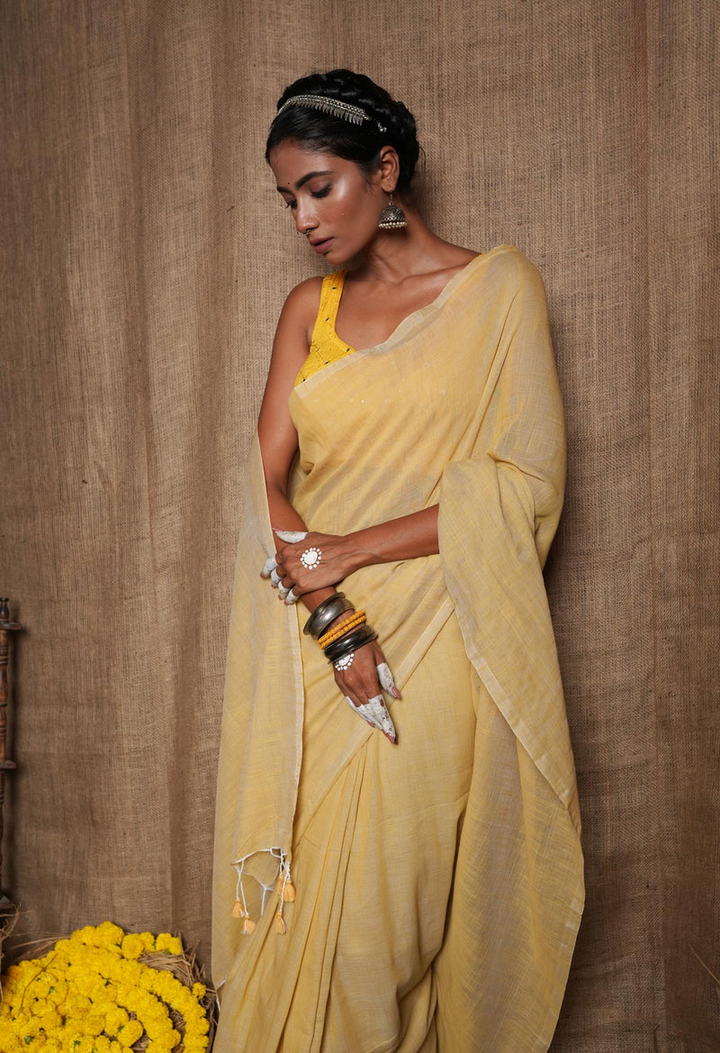 Cream Pure Plain Cotton Linen Saree With Tassels-UNM72852