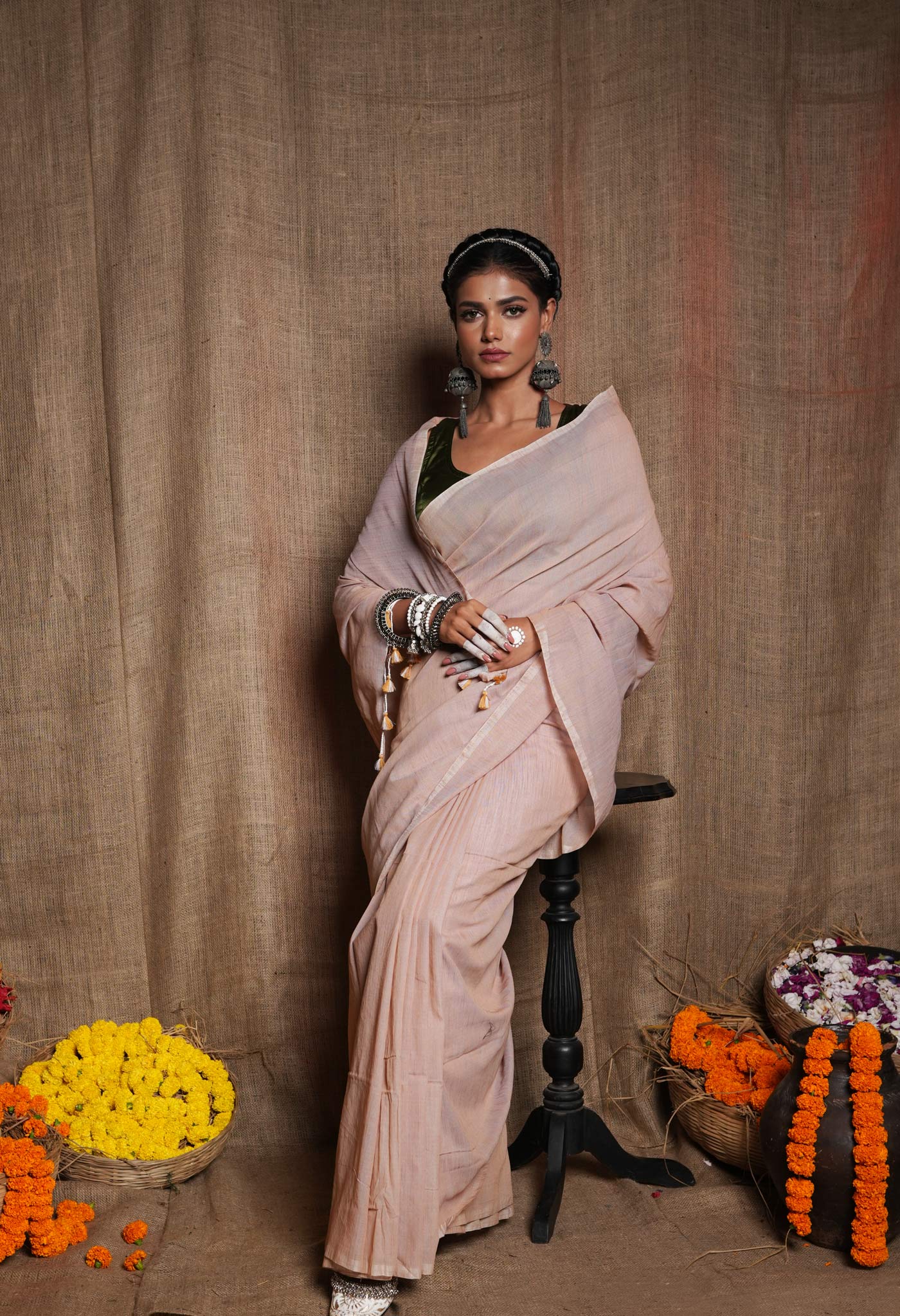 Beige Pure Plain Cotton Linen Saree With Tassels