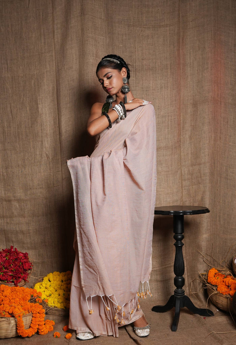 Beige Pure Plain Cotton Linen Saree With Tassels-UNM72853