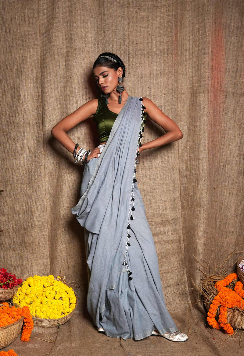 Grey Pure Plain Cotton Linen Saree With Tassels-UNM72854