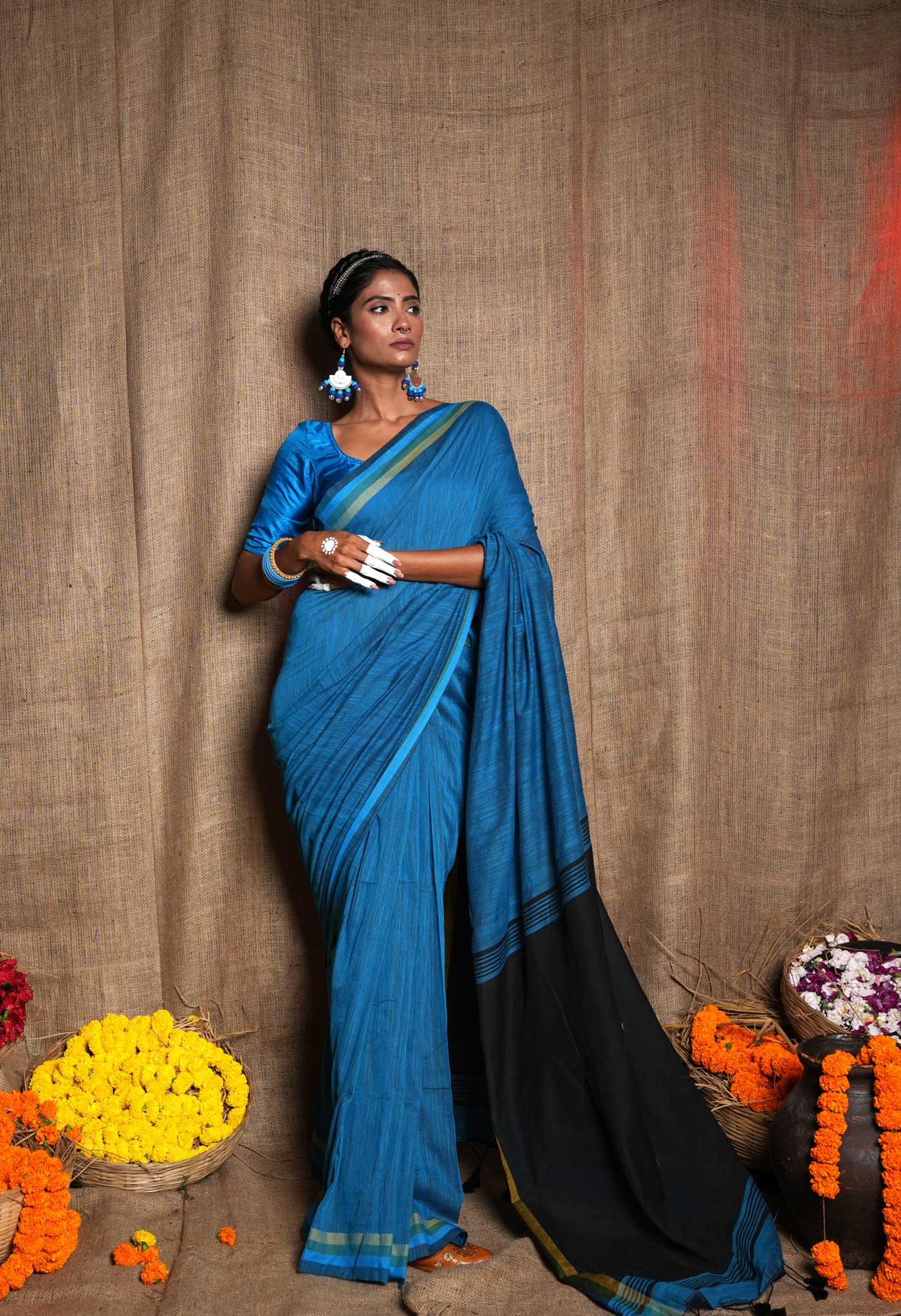 Blue Pure Plain With Contrast Pallu Cotton Linen Saree With Tassels
