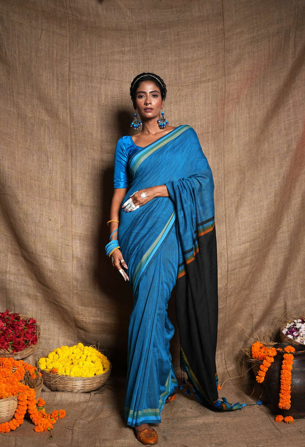 Blue-Black Pure  Plain With Contrast Pallu Cotton  Linen Saree With Tassels-UNM72858