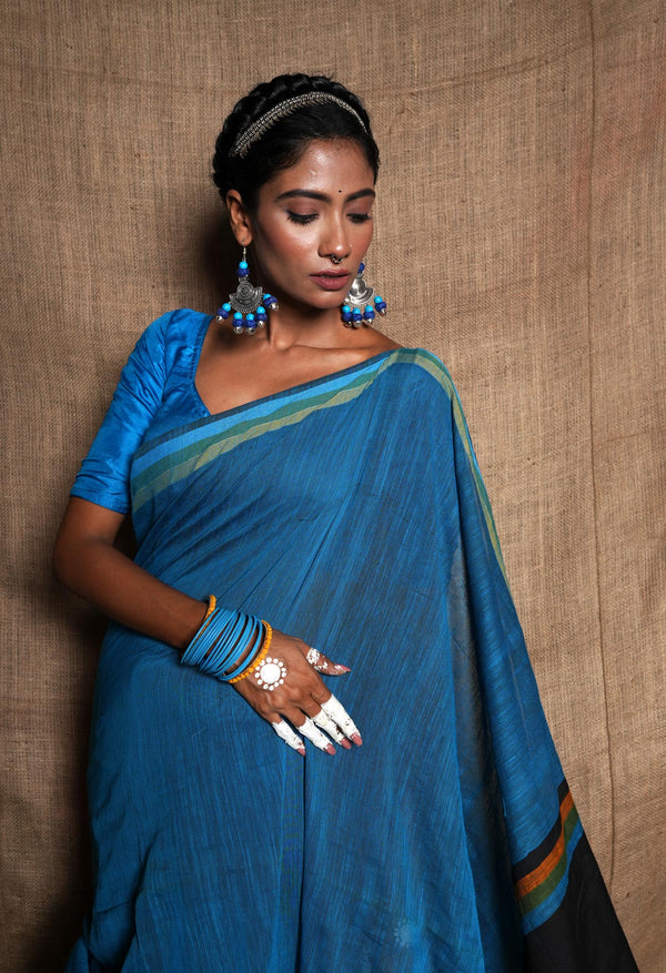 Blue-Black Pure  Plain With Contrast Pallu Cotton  Linen Saree With Tassels-UNM72858