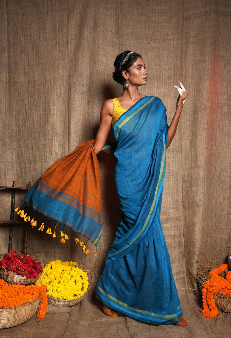 Blue-Bronze Orange Pure  Plain With Contrast Pallu Cotton  Linen Saree With Tassels-UNM72859