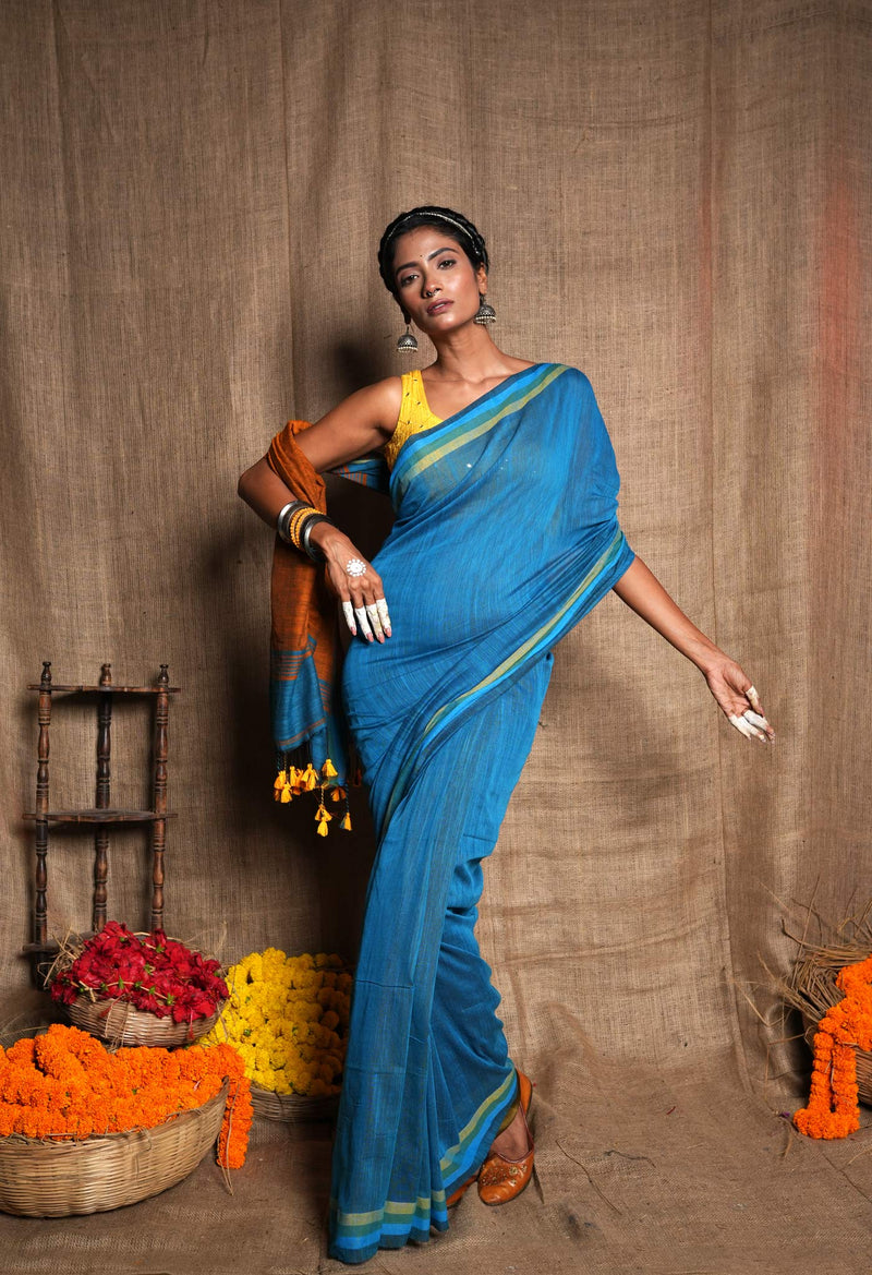 Blue-Bronze Orange Pure  Plain With Contrast Pallu Cotton  Linen Saree With Tassels-UNM72859