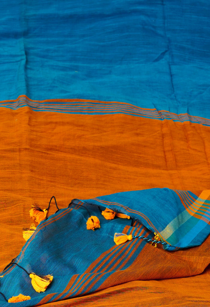 Blue-Bronze Orange Pure  Plain With Contrast Pallu Cotton  Linen Saree With Tassels-UNM72859