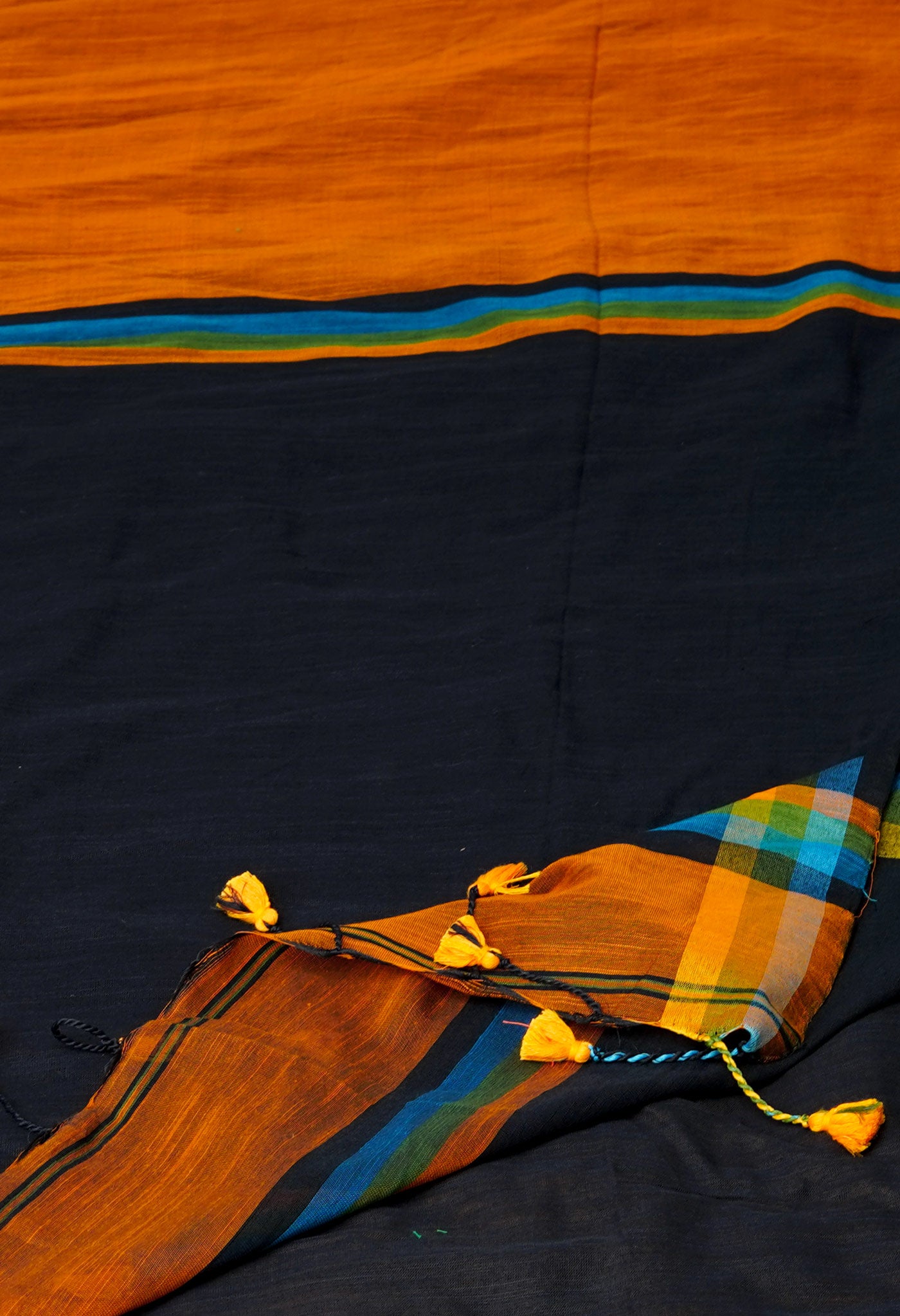 Orange-Black Pure Plain With Contrast Pallu Cotton Linen Saree With Tassels