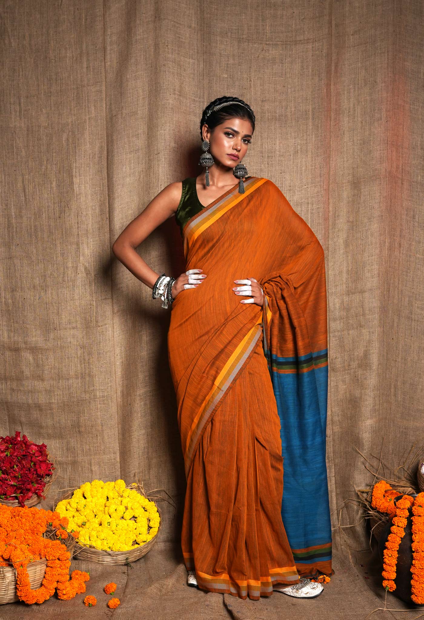 Orange-Blue Pure Plain With Contrast Pallu Cotton Linen Saree With Tassels