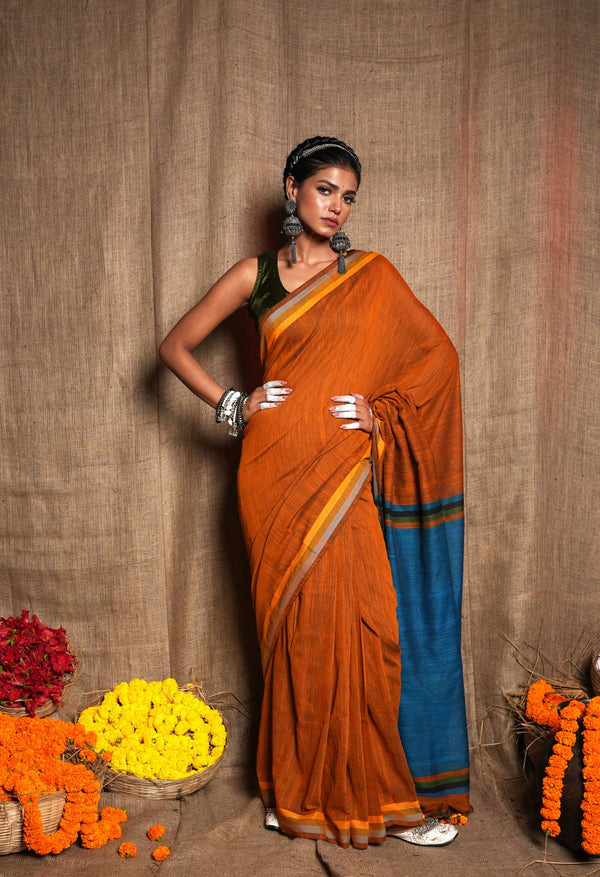 Bronze Orange-Blue Pure  Plain With Contrast Pallu Cotton  Linen Saree With Tassels-UNM72863
