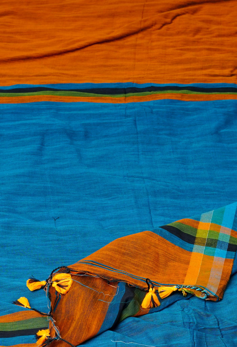 Bronze Orange-Blue Pure  Plain With Contrast Pallu Cotton  Linen Saree With Tassels-UNM72863
