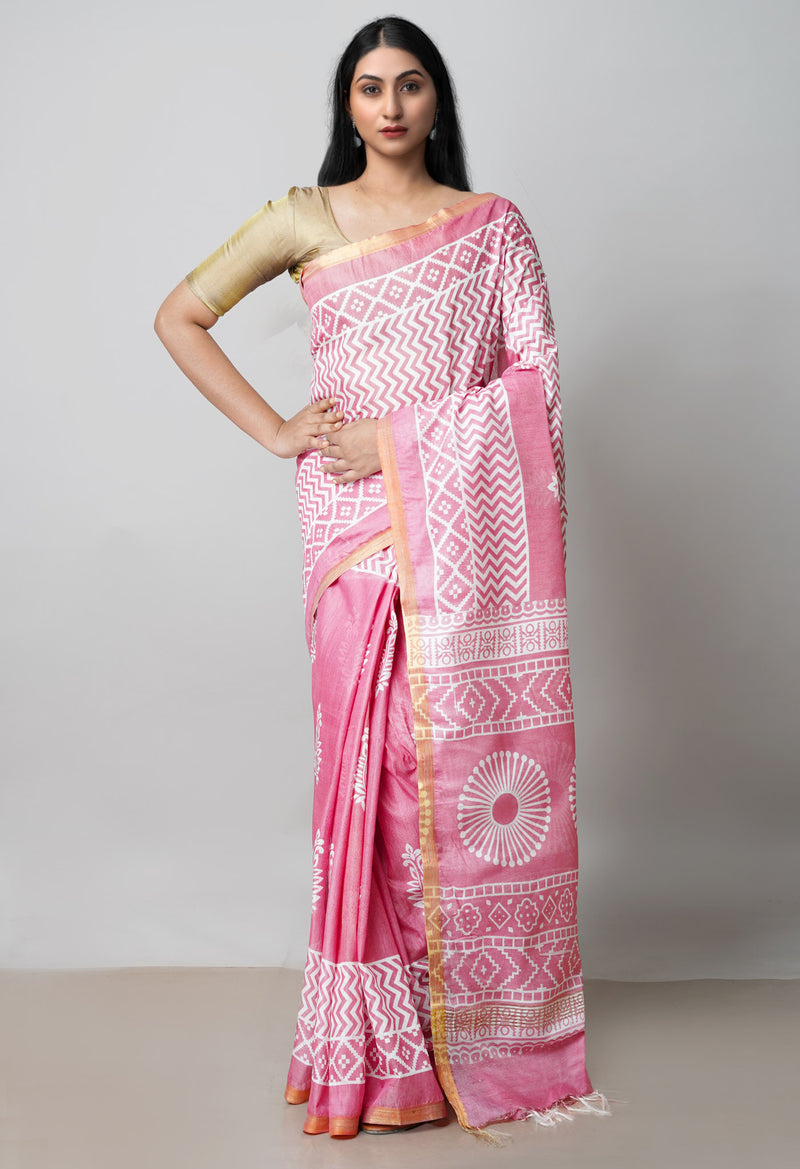 Peach Pink  Block Printed Chanderi Cotton Silk Saree-UNM72883