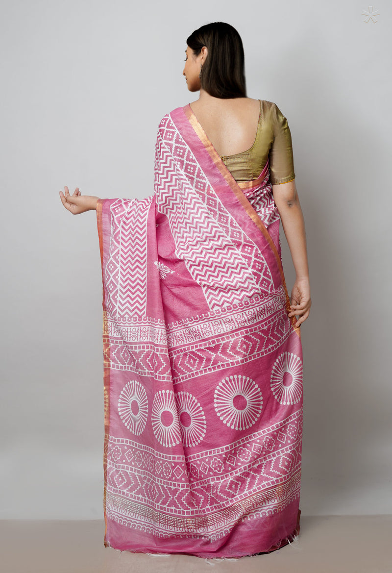 Peach Pink  Block Printed Chanderi Cotton Silk Saree-UNM72883