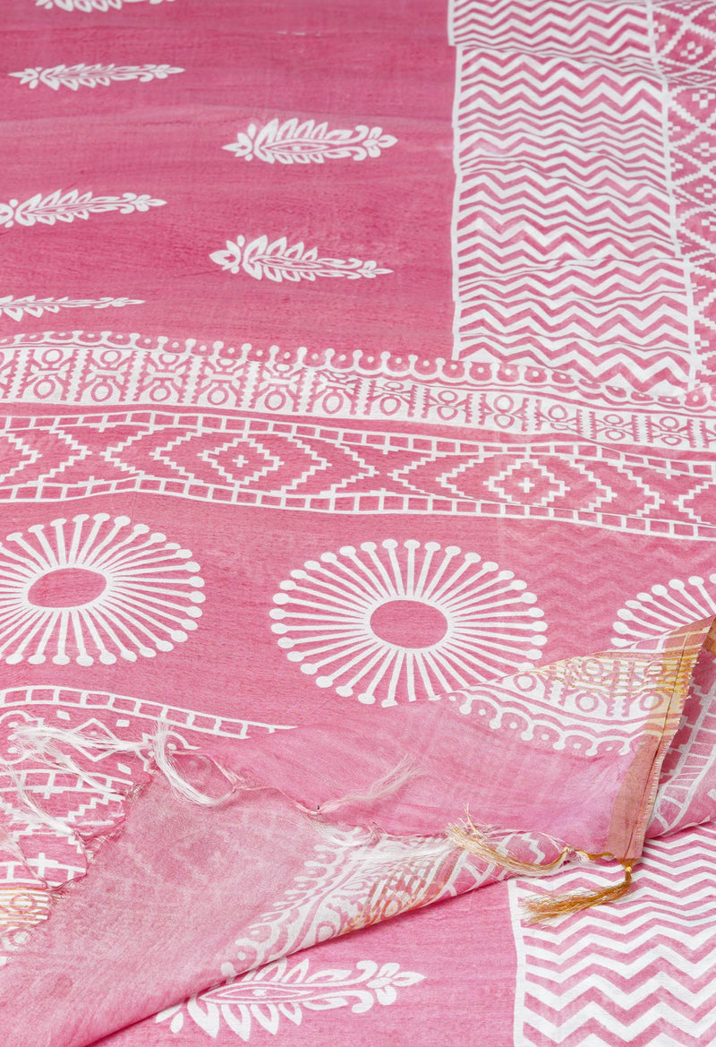Peach Pink  Block Printed Chanderi Cotton Silk Saree-UNM72883