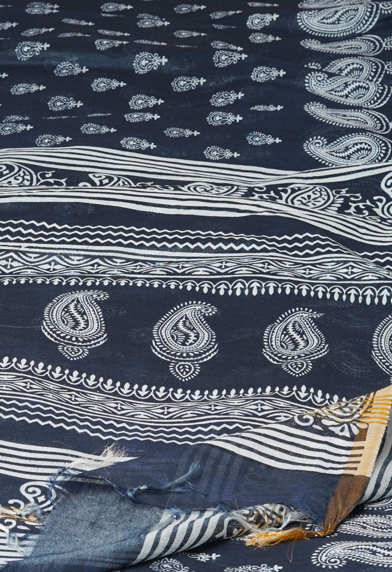 Pewter Grey  Block Printed Chanderi Cotton Silk Saree-UNM72884