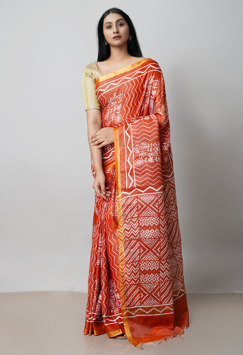 Bronze Orange  Block Printed Chanderi Cotton Silk Saree-UNM72885