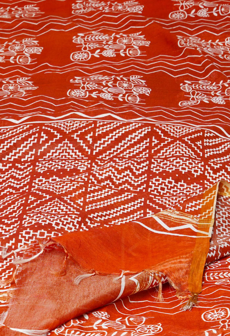 Bronze Orange  Block Printed Chanderi Cotton Silk Saree-UNM72885