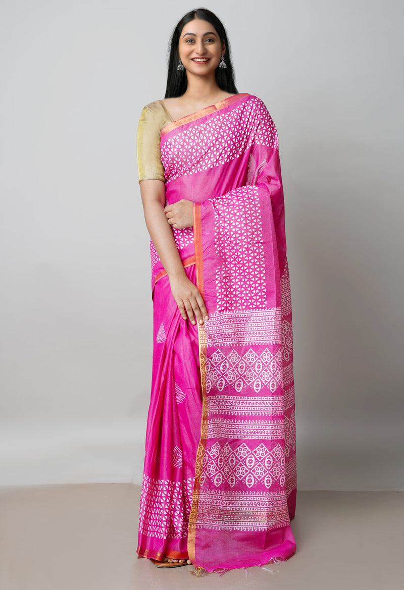 Pink  Block Printed Chanderi Cotton Silk Saree-UNM72886