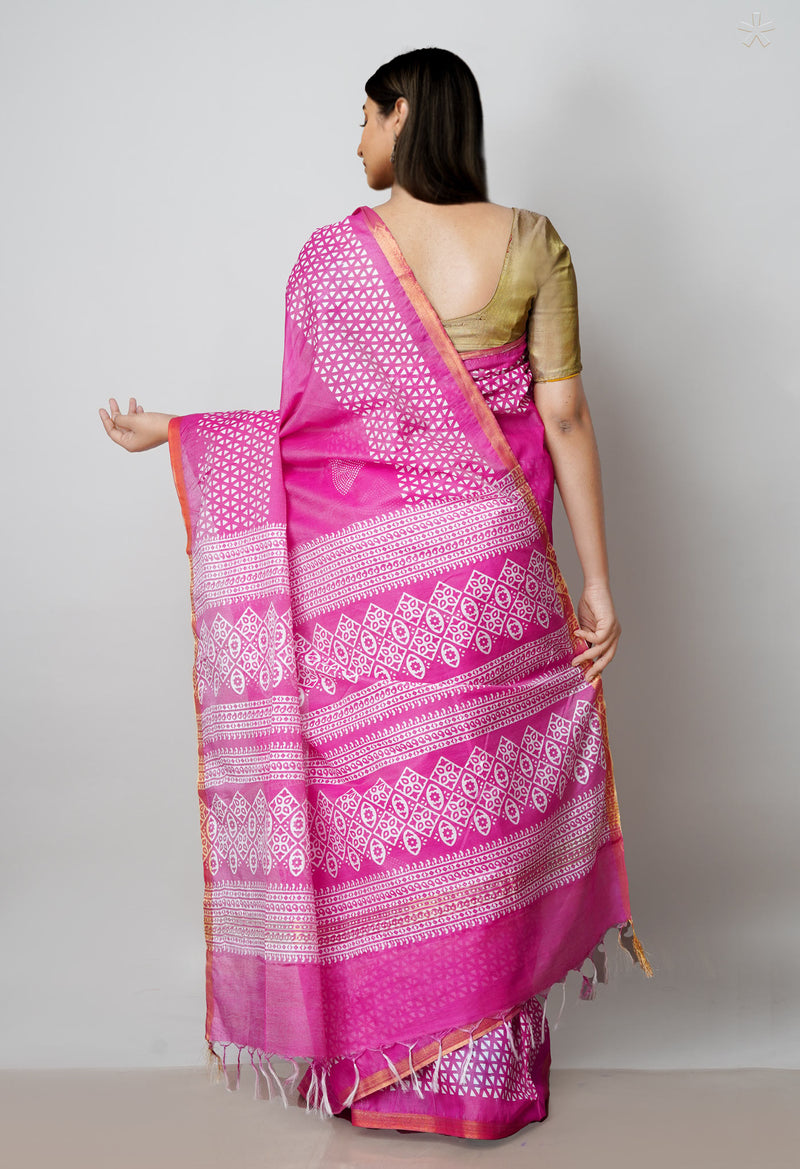 Pink  Block Printed Chanderi Cotton Silk Saree-UNM72886