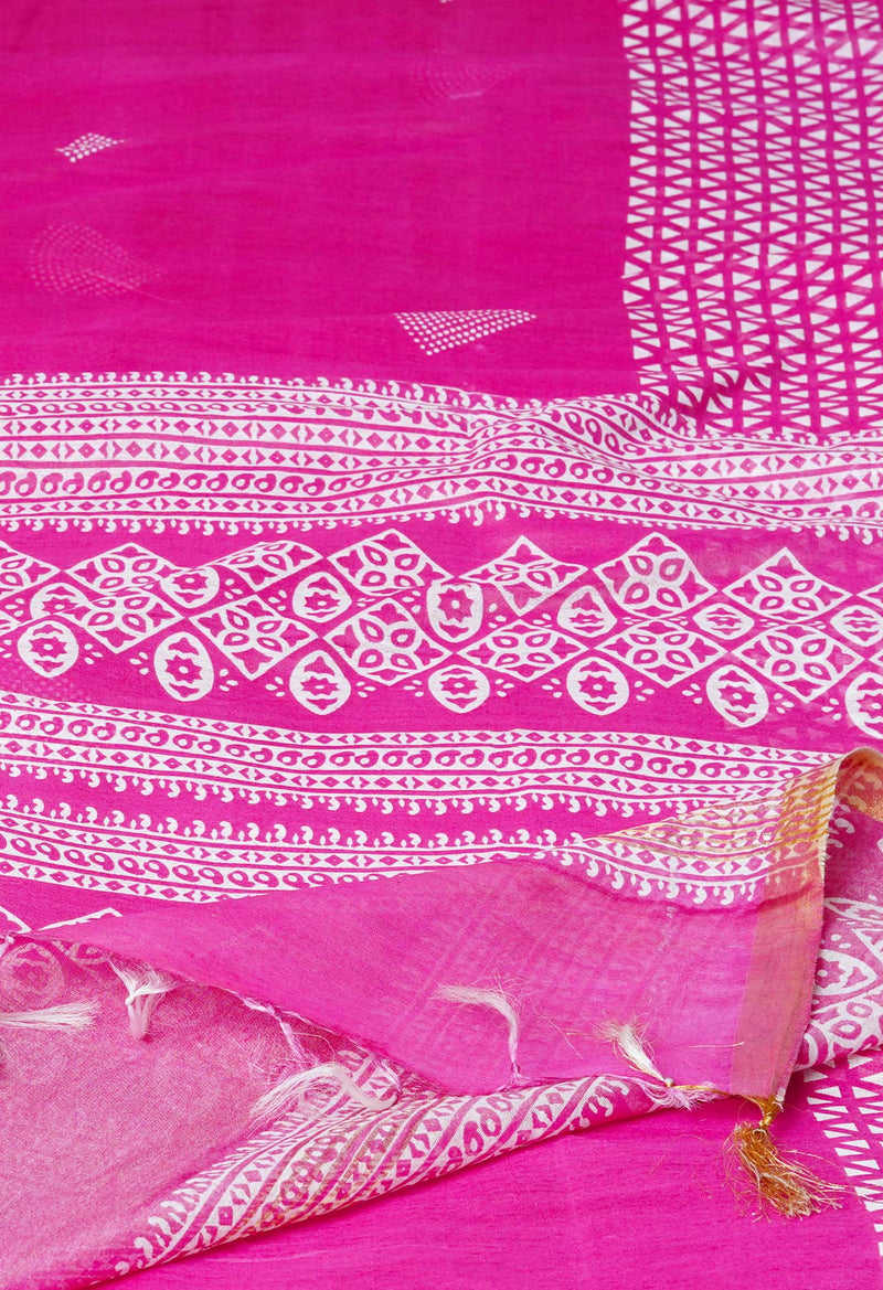 Pink  Block Printed Chanderi Cotton Silk Saree-UNM72886