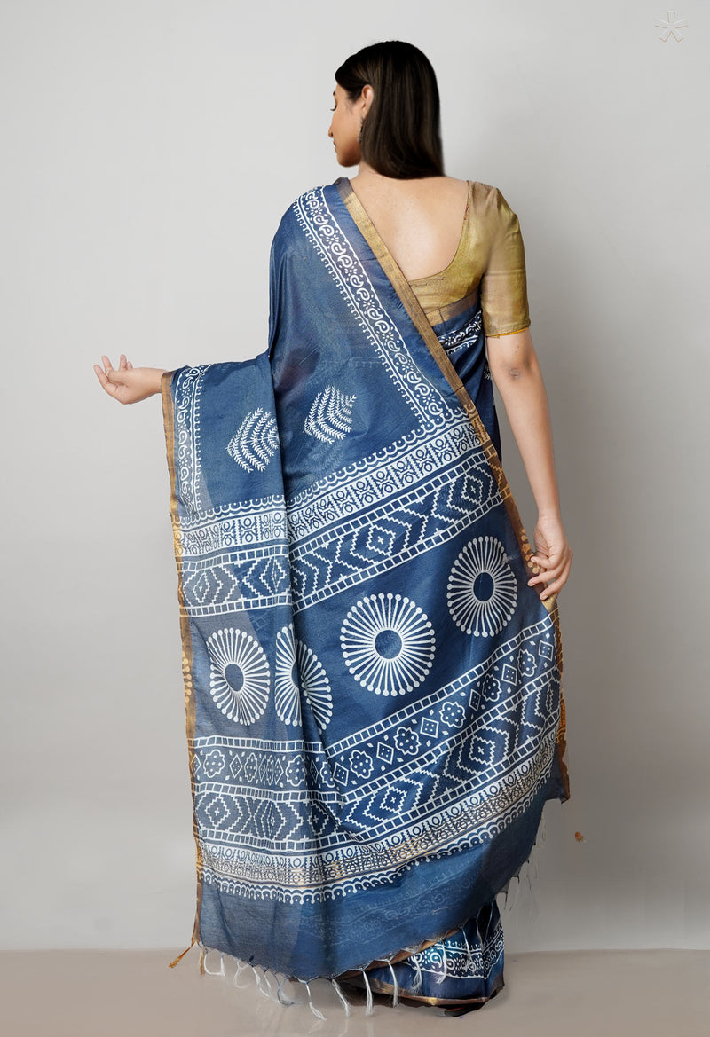 Bluish Grey  Block Printed Chanderi Cotton Silk Saree-UNM72888