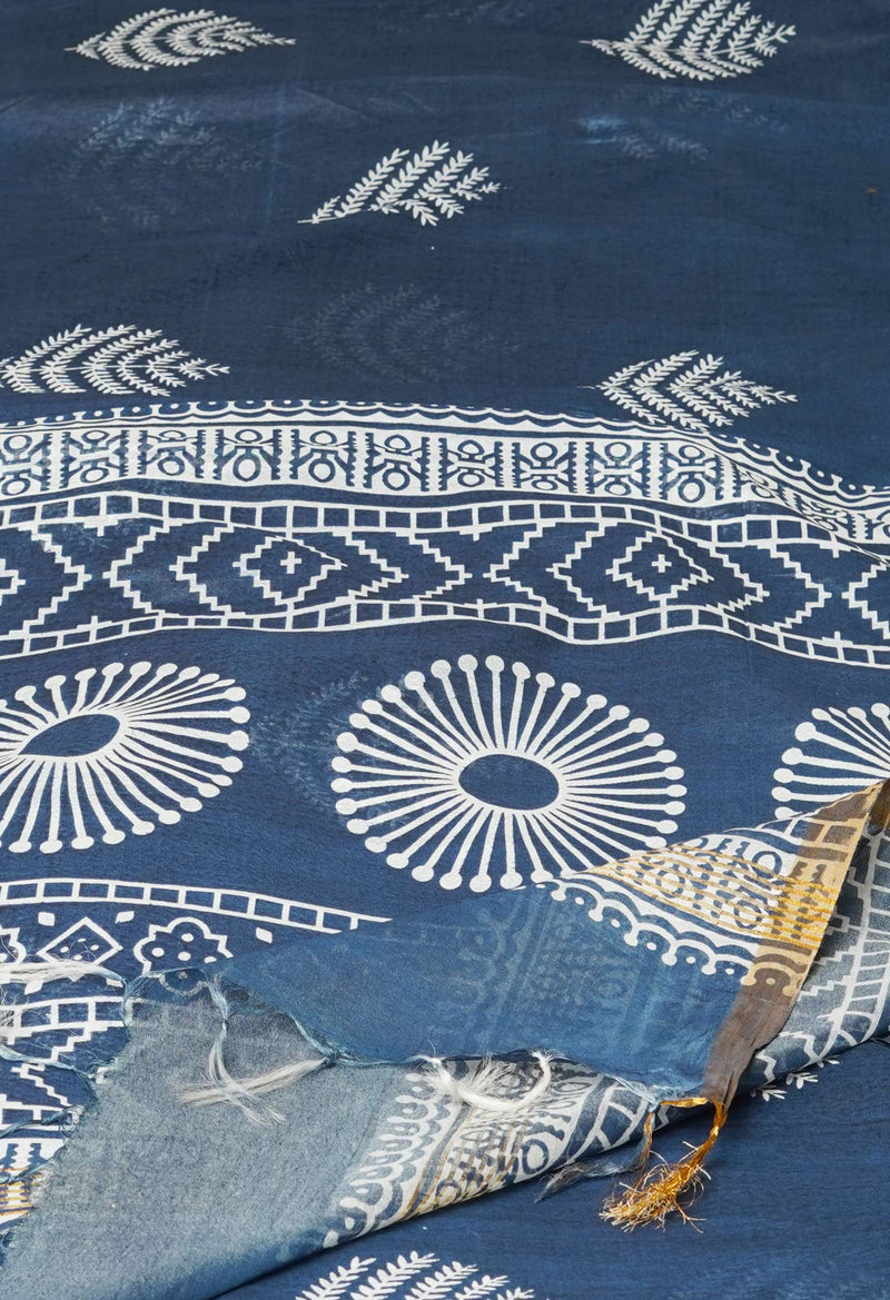 Bluish Grey  Block Printed Chanderi Cotton Silk Saree-UNM72888